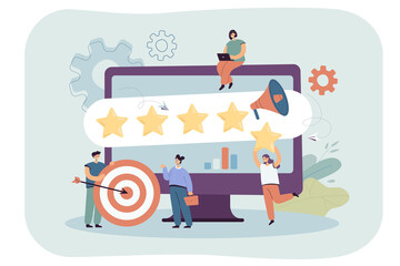 Managers analyzing company rating and brand reputation. Big computer and tiny people vector illustration. Professional management, insight, SEO, social network analytics concept