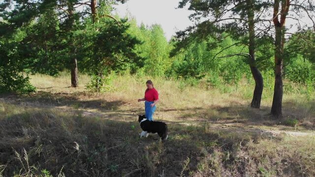 Young plump woman and her cute dog playing outdoors together - aerial view