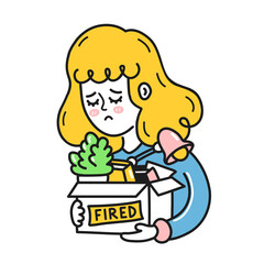 Sad young woman holding stuff in box with fired sign. Vector hand drawn doodle cartoon character illustration icon. Isolated on white background. Woman lady fired from work concept