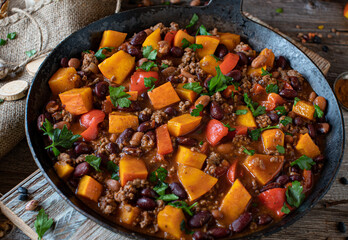 Pumpkin stew with ground beef, kidney beans and vegetable in a cast iron skillet