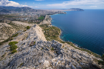 Fototapeta na wymiar Scenic Panoramic view towards Kapsel valley and cape Meganom, Alchak, near resort city Sudak in Crimea