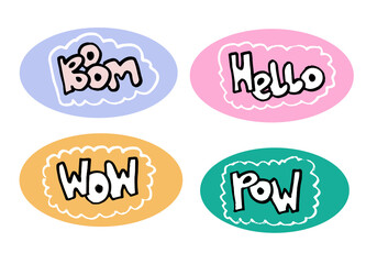 Hand drawn set of speech bubbles with handwritten short phrases  wow,boom,hello,pow on white background.