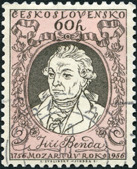 CZECHOSLOVAKIA - 1956: shows Jiri Georg Anton Benda (1722-1795),  The 200th Anniversary of the Birth of Mozart and Prague Music Festival, 1956