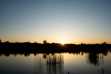 美しい夕空を映す池の水面 