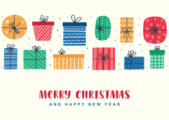 Merry Christmas and Happy New Year banner. Set of hand-drawn doodle gift boxes of different colors, shapes, and prints as card, postcard, poster, banner.