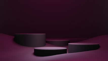 Podium on dark background. Blue violet Led Neon light. 3d render illustration. Empty Base, pedestal, stand. Technological background for smartphone, tablet ad	
