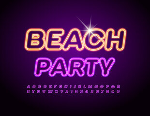 Vector Neon Sign Beach Club. Bright Electric Font. Illuminated Alphabet Letters and Numbers set