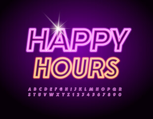 Vector colorful Banner Happy Hours. Glowing modern Font. Electric light Alphabet Letters and Numbers set