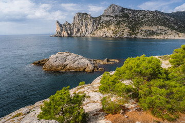 Landscape view of Karaul-Oba mountain and Blue bay in Crimea, New Light resort, Russian Federation