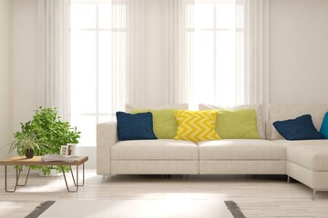 Modern living room in white color with sofa. Scandinavian interior design. 3D illustration