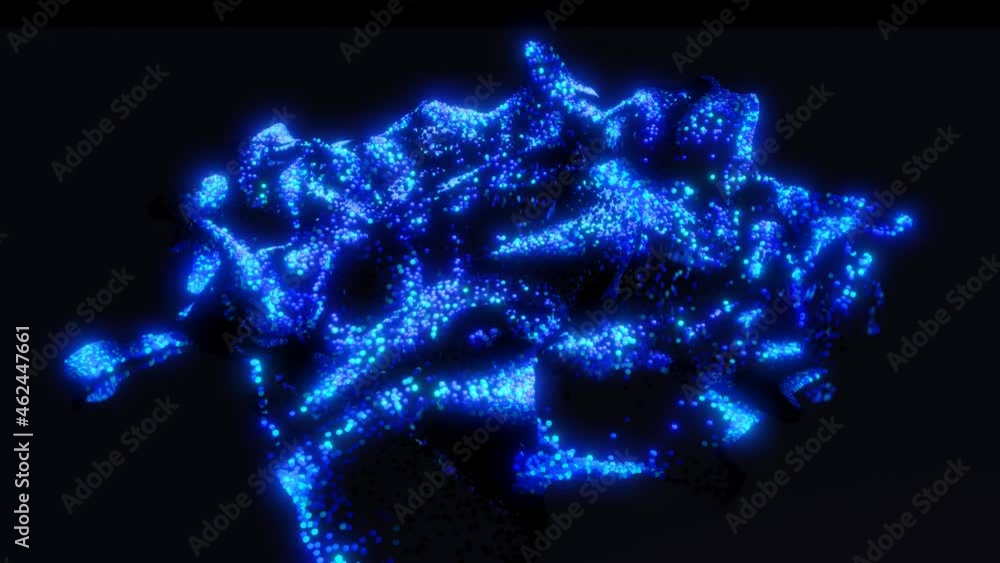 Poster 3d abstract blue sci-fi background. luminous particles form wavy surface, waves of light and color r