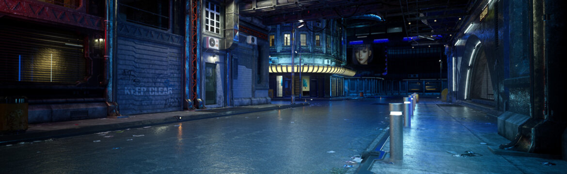 Moody dark urban night scene in a future cyberpunk city, wide panoramic 3D illustration.