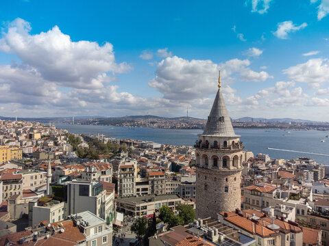Aerial view on Galata Tower, Istanbul with tourists on it