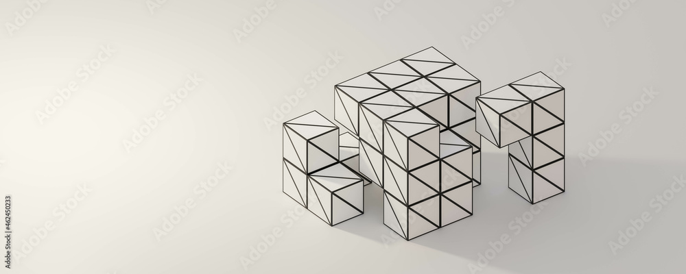Poster abstract black and white wire mesh line cube block 3d render illustration