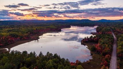 Fall Foliage In Maine Forest At Sunset