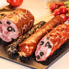 Meat delicacies on the kitchen table, different sausages on a cutting board - 462451084