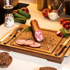 Ingredients for light snack. Smoked sausage on a wooden board with bread and fresh vegetables - 462451092