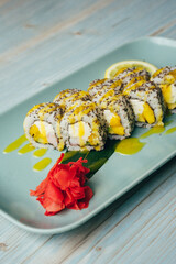 Japanese food photography, beautiful serving of sushi rolls, photography for restaurant menu