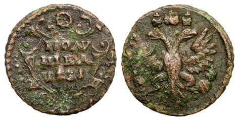 Copper coin of the Russian Empire. Polushka of 1731. Anna Ioanovna