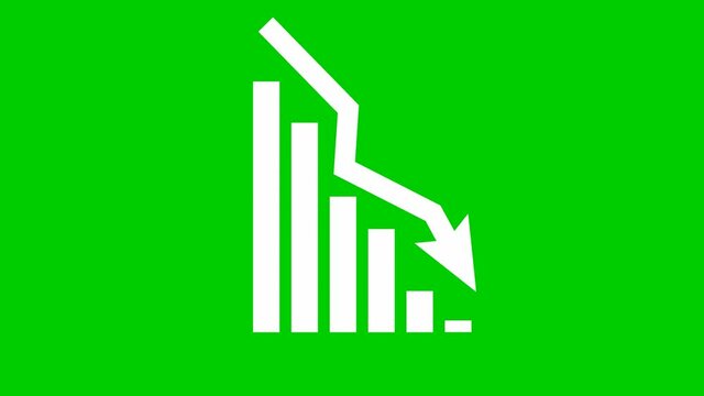 Animated white chart of financial decline with a trend line chart. Economic crisis, recession, decrease graph. Bar chart. Profit down. Vector illustration isolated on green background.