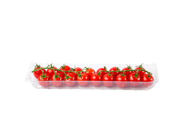 Cherry tomatoes in a recycled plastic package. Tomatoes isolated on white background.