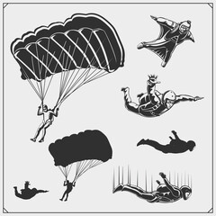 Skydiving and parachuting emblems. Sport club labels. - obrazy, fototapety, plakaty