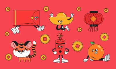 Year of the Tiger sticker pack or set. Cute tiger, gold ingot, smiling tangerine, red paper lantern and envelope and fireworks pin or emblem collection. Chinese new year funny comic characters.