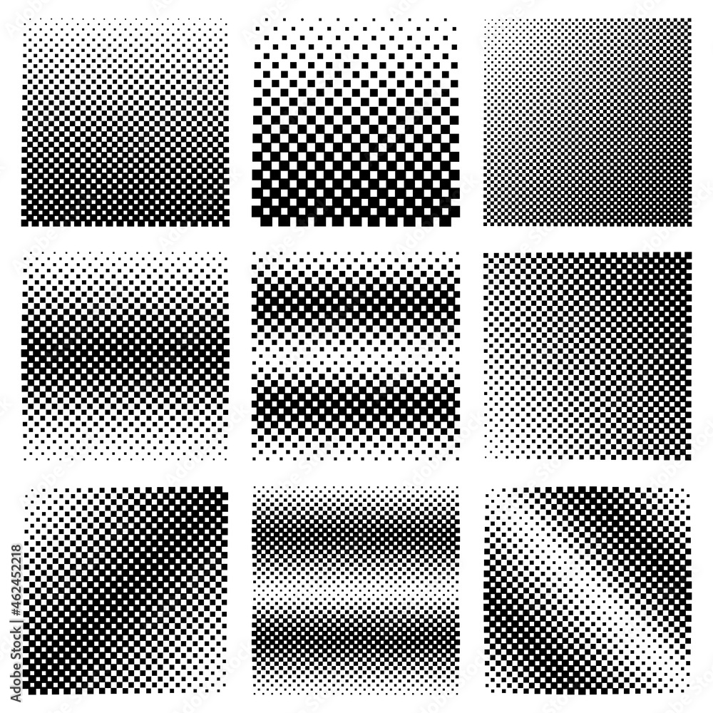 Poster Collection Of Pixel Halftone Textures Vector Design. Set of geometric squares backgrounds.