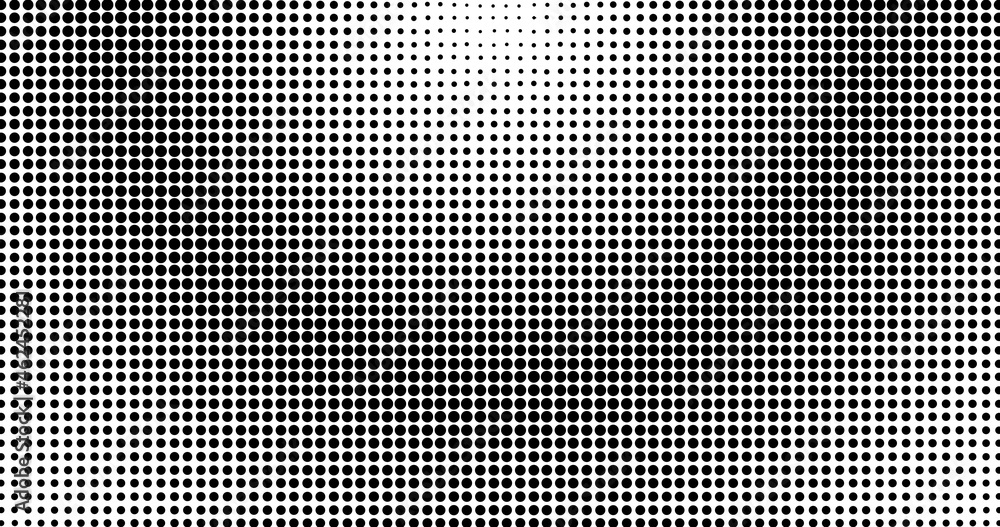 Poster Monochrome gradient halftone dots background. Pop art pattern template, texture. Geometric Vector Retro Illustration.
