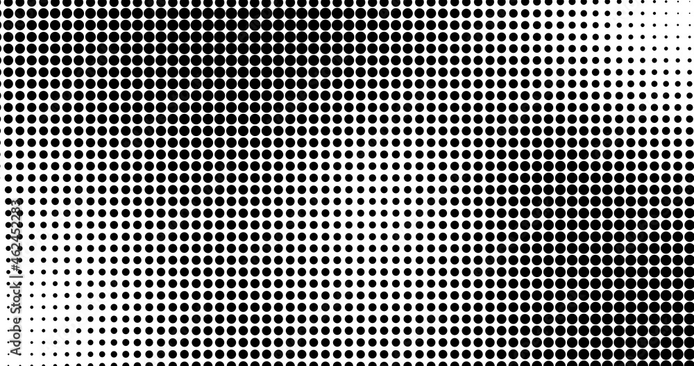 Poster Monochrome gradient halftone dots background. Pop art pattern template, texture. Geometric Vector Retro Illustration.