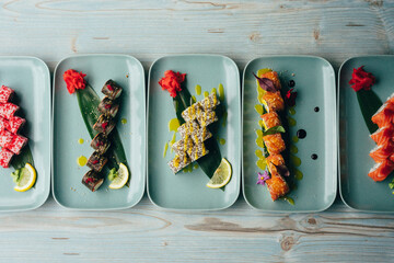 Top view Variety of Japanese maki sushi roll set seafood with vegetable Stock Photo