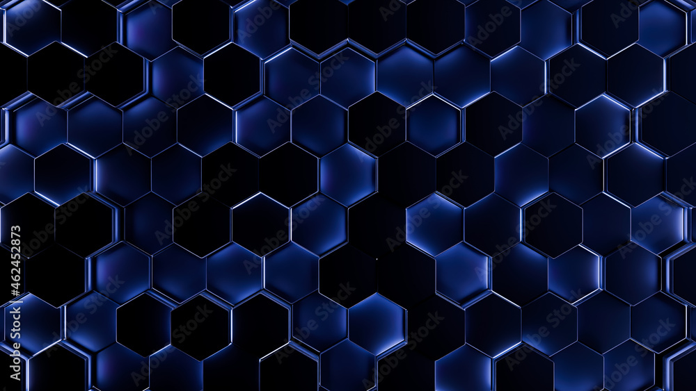 Poster futuristic, high tech, dark background, with a hexagon block light. wall texture with a 3d hexagon t