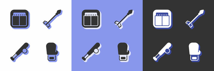 Set Boxing glove, Sport mechanical scoreboard, Baseball bat with ball and Medieval arrows icon. Vector