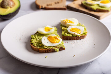 Avocado toast with eggs. Healthy snack and lunch. Ideal for a vegetarian diet.