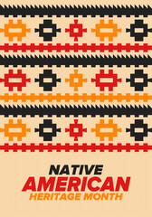 Native American Heritage Month in November. American Indian culture. Celebrate annual in United States. Tradition pattern. Poster, card, banner and background. Vector ornament, illustration