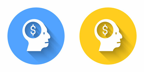 White Business man planning mind icon isolated with long shadow background. Head with dollar. Idea to earn money. Business investment growth. Circle button. Vector