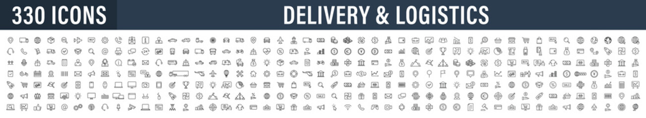 Fototapeta na wymiar Set of 330 Delivery and logistics web icons in line style. Courier, shipping, express delivery, tracking order, support, business. Vector illustration.