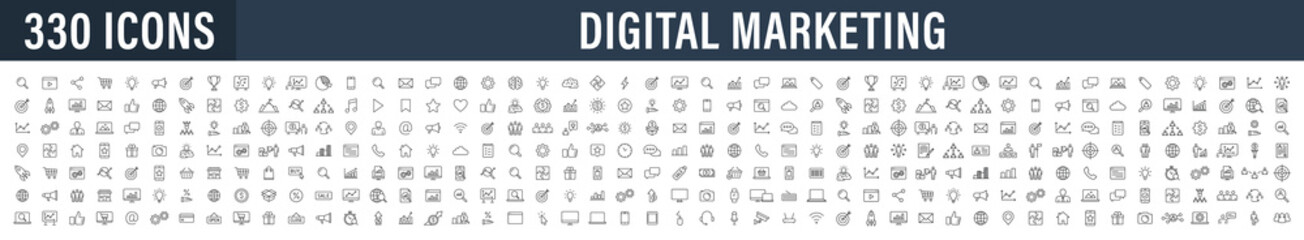 Set of 330 Digital Marketing web icons in line style. Social, networks, feedback, communication, marketing, ecommerce. Vector illustration. - obrazy, fototapety, plakaty