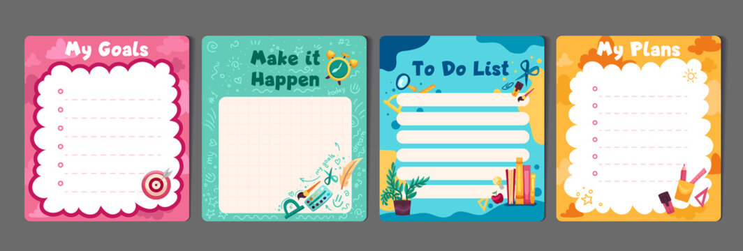 Kids stationery set with memo planners, to-do lists with cute illustrations, template for planners, day agenda, checklists. Vector flat illustration with colorful design