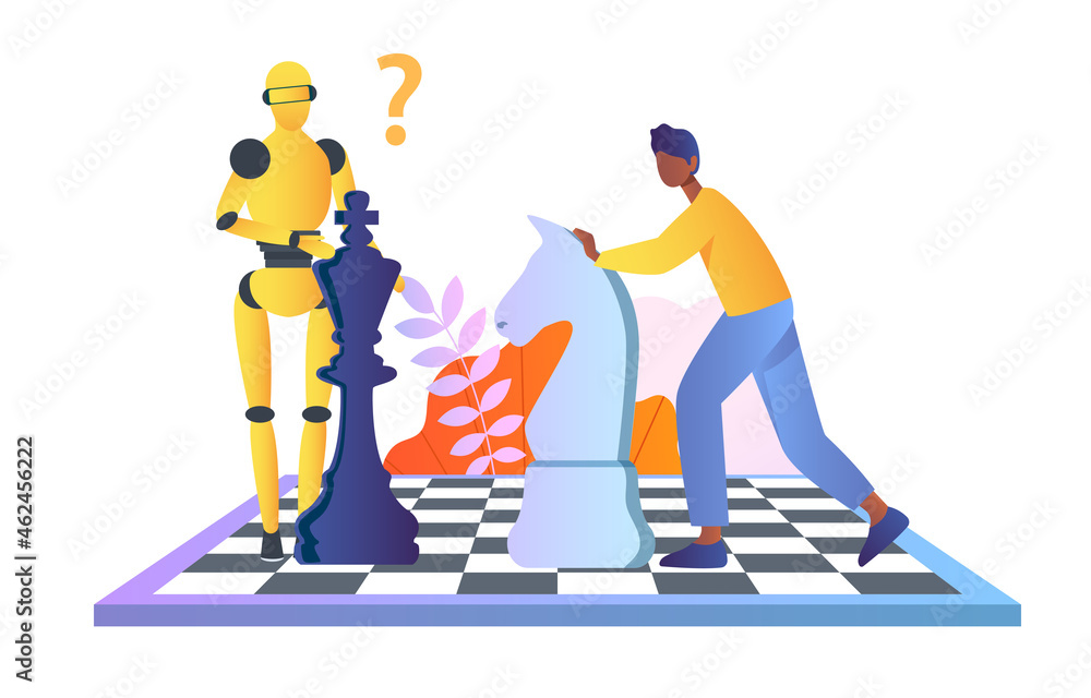 Poster man plays chess with robot concept. male character made creative move with knight and confused artif
