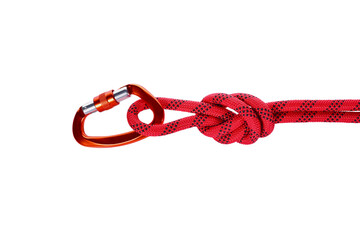 close-up view of red rope with knot and Orange carabiner isolated on white