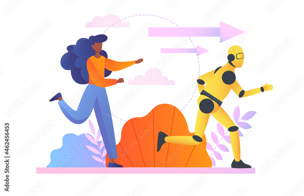 Poster battle between robot and human concept. woman competes with droid in running speed and. artificial i