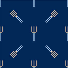 Line Garden pitchfork icon isolated seamless pattern on blue background. Garden fork sign. Tool for horticulture, agriculture, farming. Vector