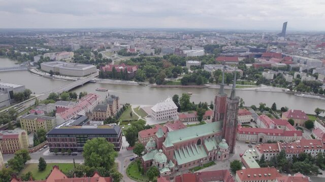 Wrocław, a city in Poland on a sunny and slightly cloudy day. Main Railway Station, Market Square in Wrocław and characteristic places.