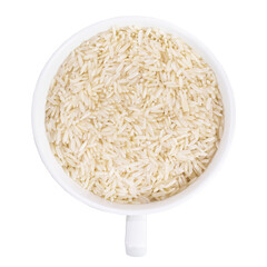 rice grain in ceramics bowl on white background.