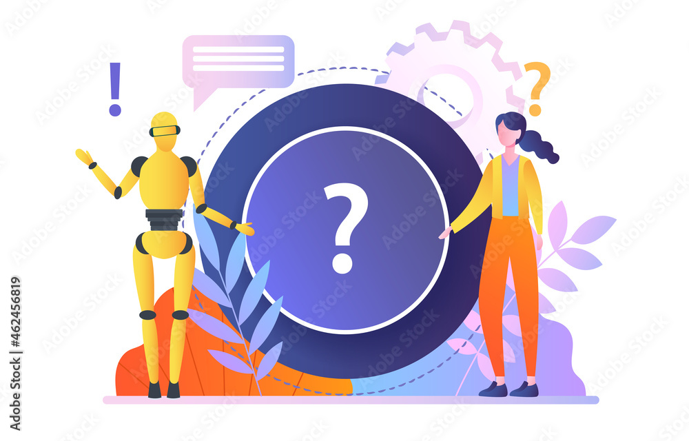 Poster artificial intelligence thinks faster than person. woman thinking about solving problem, and robot h