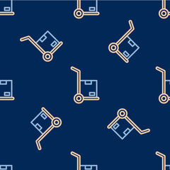 Line Hand truck and boxes icon isolated seamless pattern on blue background. Dolly symbol. Vector