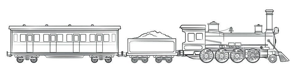 Fototapeta na wymiar Steam train - illustration of vintage locomotive with tender and railroad car.
