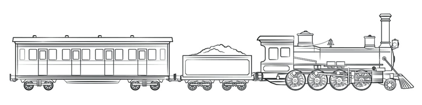 Steam train - illustration of vintage locomotive with tender and railroad car.