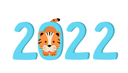 Cute symbol of the new year 2022 is a tiger face. Funny cartoon tiger vector illustration. Greeting card concept Happy New Year and Christmas.